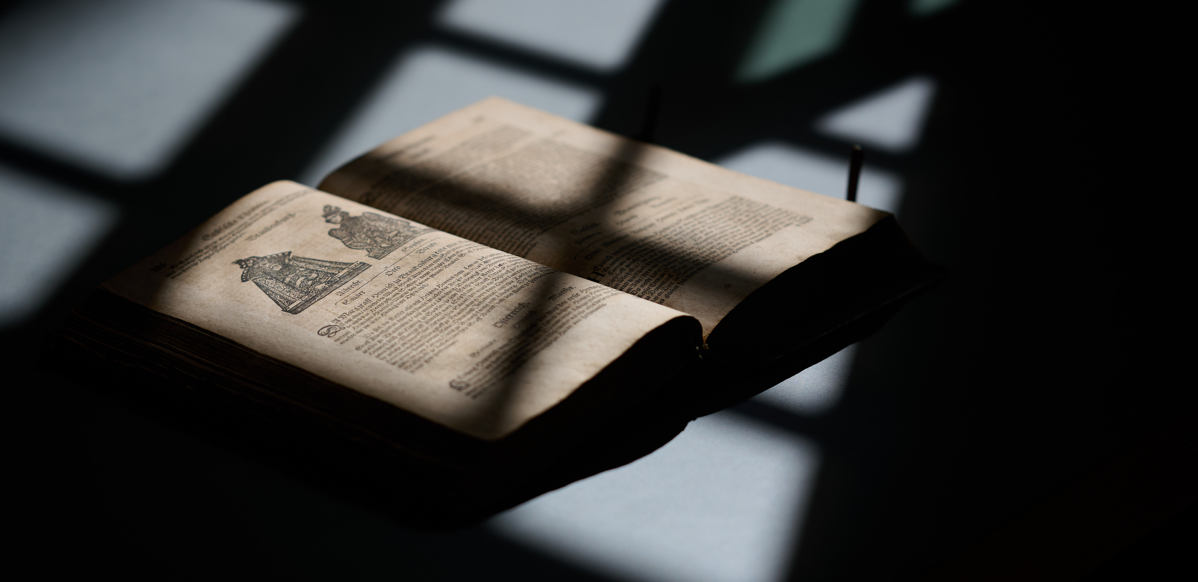 KI generiert: Das Bild zeigt ein offenes, altes Buch, das von Licht- und Schattenspielen umgeben ist. Die Seite des Buches enthält Text und eine Abbildung.