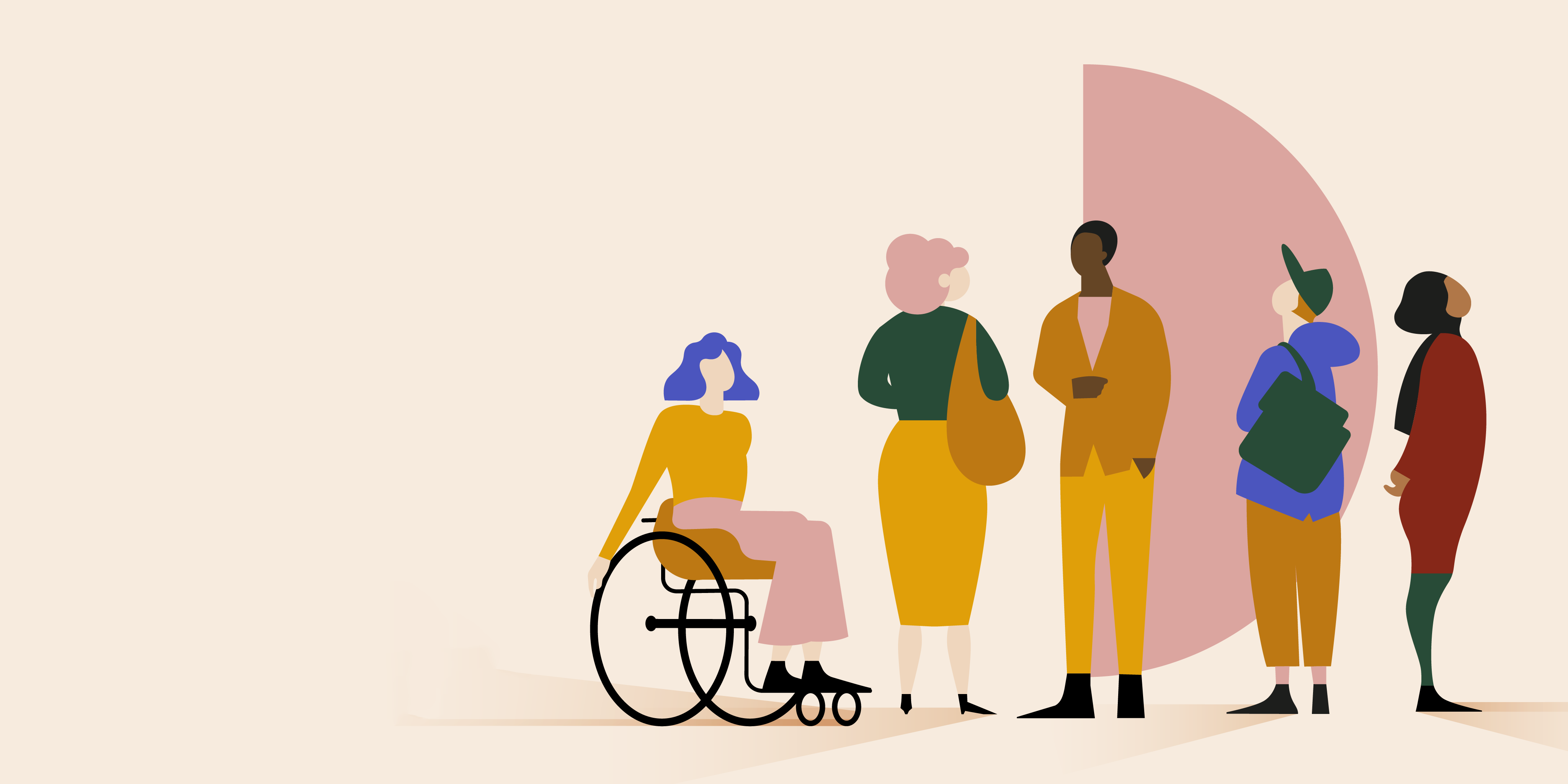 KI generiert: Das Bild zeigt eine diverse Gruppe von fünf stilisierten Personen, darunter eine Person im Rollstuhl. Jede Figur hat unterschiedliche Körperhaltungen und Kleidung, was Vielfalt und Inklusion symbolisiert.