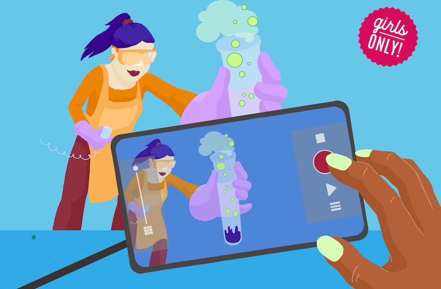 KI generiert: Das Bild zeigt eine Frau, die mit einer chemischen Reaktion im Labor experimentiert, während jemand diese Szene mit einem Smartphone filmt. In der Ecke steht der Hinweis "girls only", was auf ein spezielles Projekt oder Event für Mädchen hinweisen könnte.