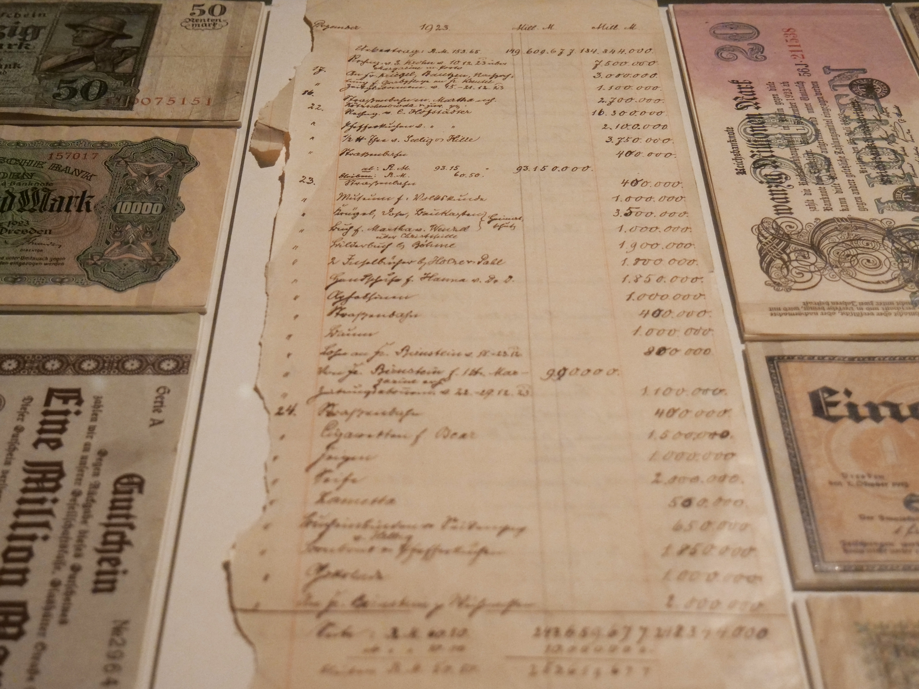 KI generiert: Das Bild zeigt verschiedene alte deutsche Banknoten sowie ein handschriftliches Dokument, das möglicherweise eine finanzielle Aufstellung darstellt. Der Hauptinhalt ist die Darstellung historischer Währungen und Aufzeichnungen.