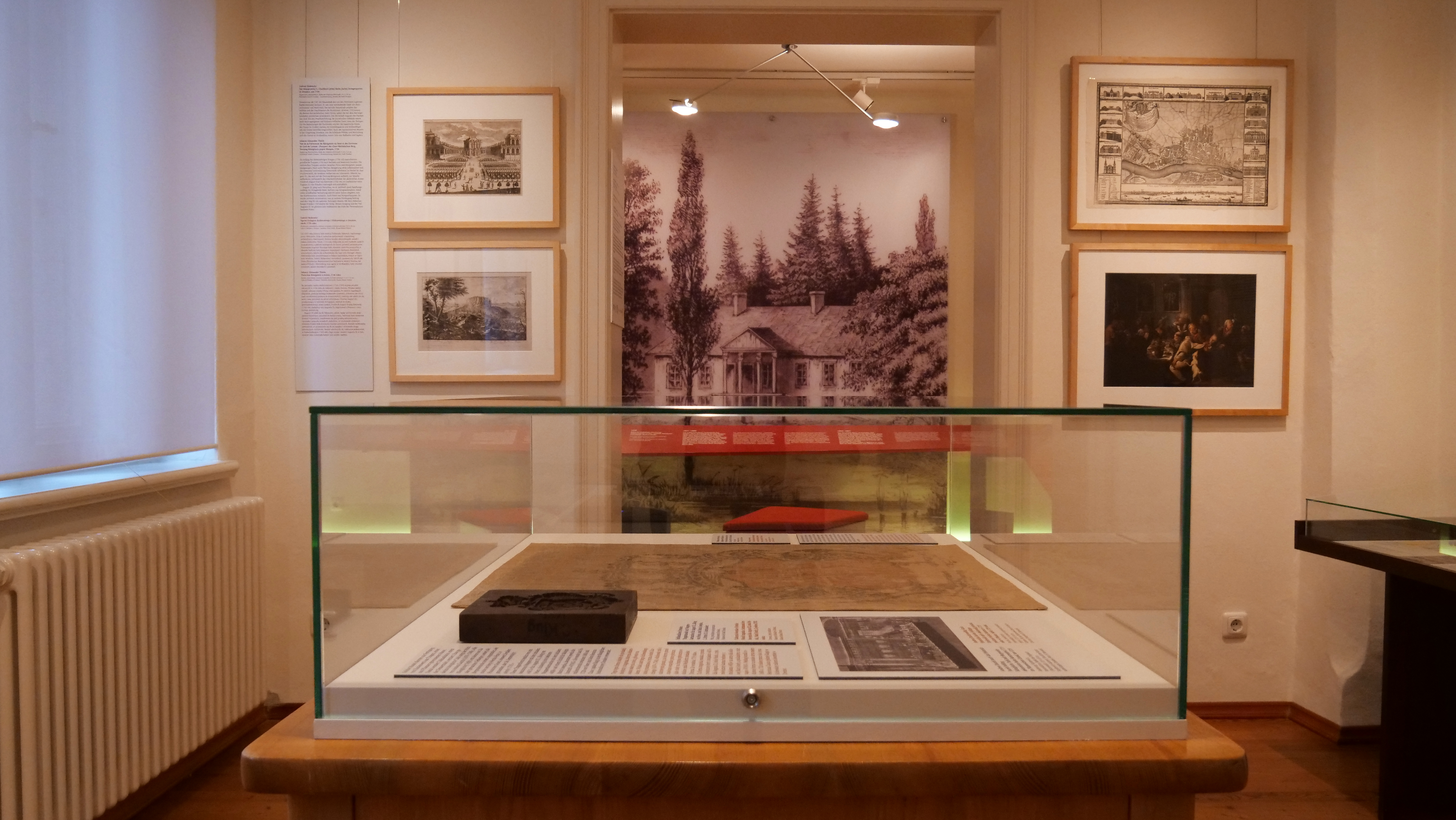 KI generiert: Das Bild zeigt eine Ausstellungsansicht in einem Museum, mit einem zentral platzierten Glaskasten, der vermutlich historische Dokumente oder Artefakte enthält, umgeben von gerahmten Bildern an den Wänden. Im Hintergrund hängt eine große Fotografie, die eine historische Szene darstellt.