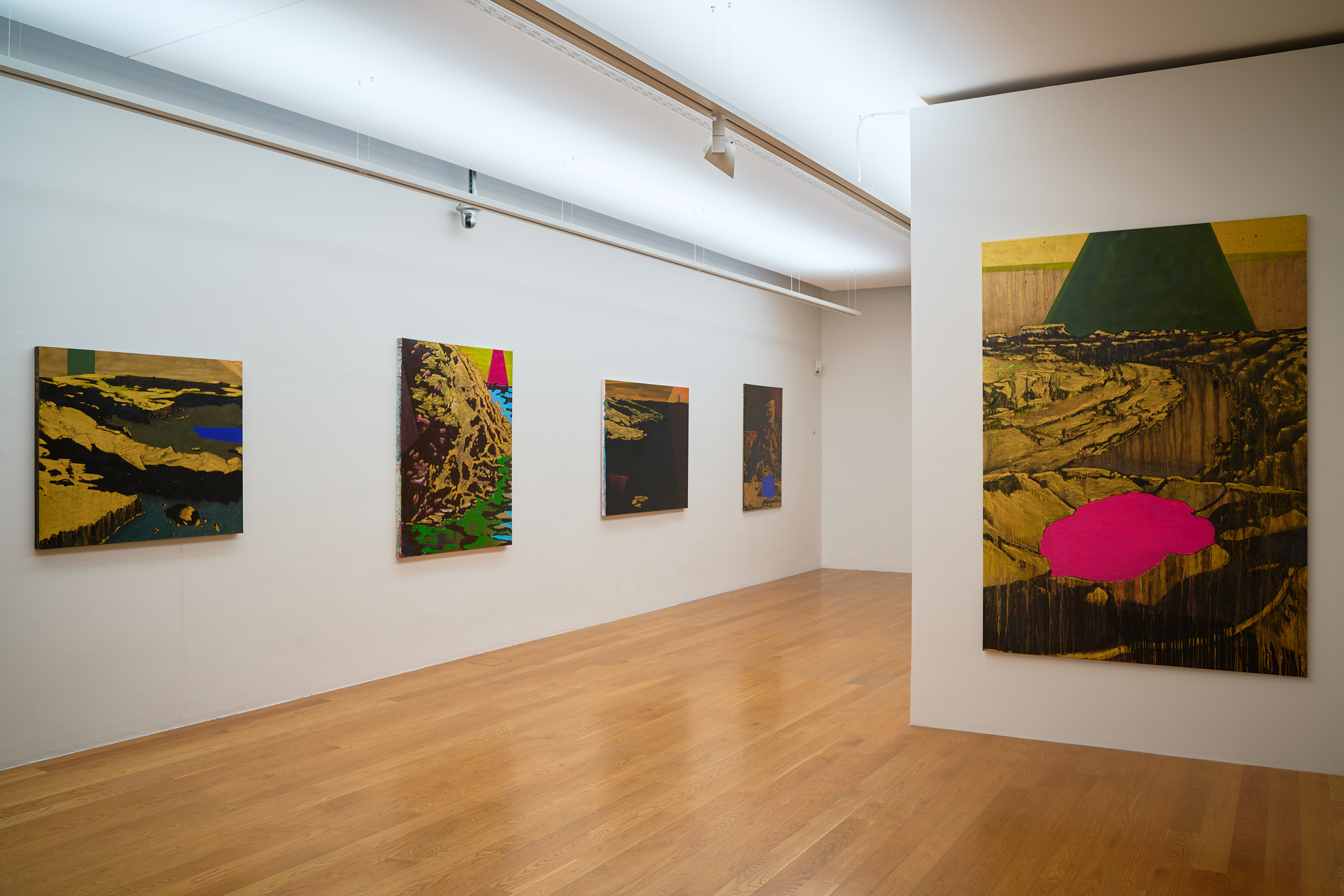 KI generiert: Das Bild zeigt eine Kunstgalerie mit mehreren farbenfrohen Gemälden an den Wänden. Der Raum hat einen Holzboden und ist hell beleuchtet.