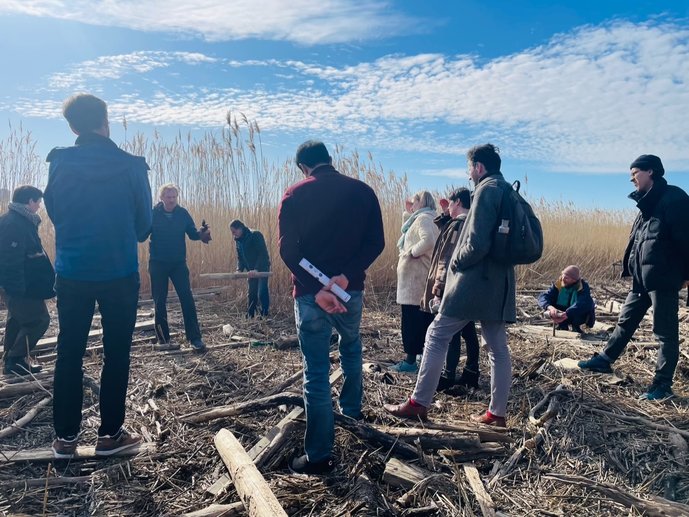 KI generiert: Das Bild zeigt eine Gruppe von Menschen, die auf einem offenen Feld mit vielen Schilfrohren stehen und einer Person zuhören, die gestikuliert und scheinbar etwas erklärt. Der Himmel ist klar und blau mit ein paar Wolken.