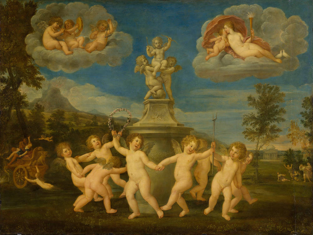 AI generated: The image shows a group of putti dancing around a stone monument, while putti play music or rest on clouds in the sky. The scene conveys a cheerful, festive mood in an idyllic landscape.
