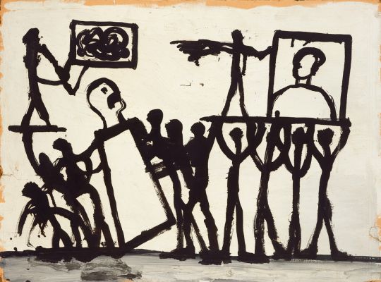 KI generiert: Das Bild zeigt eine Gruppe von schwarzen, abstrakten Figuren, die scheinbar Darstellungen oder Schilder hochhalten. Die Figuren sind grob und minimalistisch gezeichnet, wodurch eine dynamische, leicht chaotische Szene entsteht.