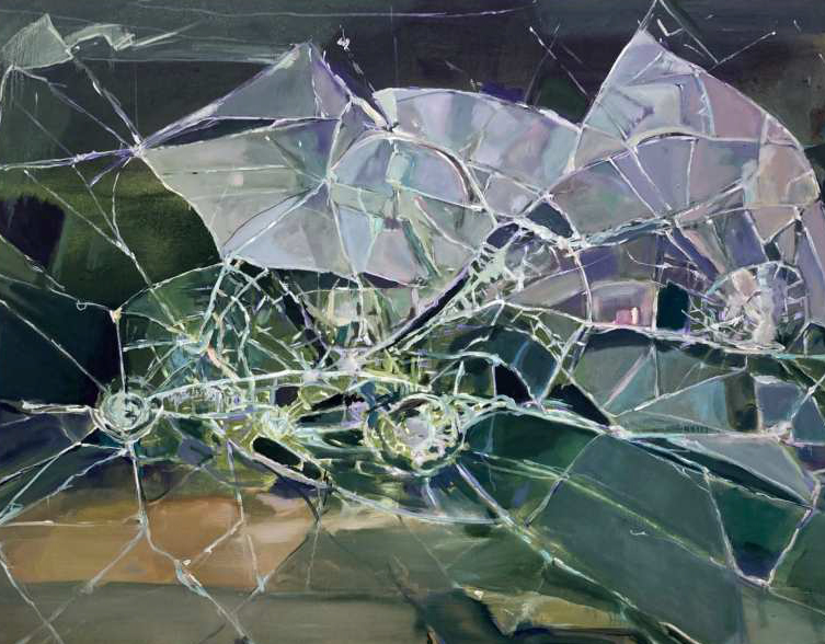 KI generiert: Das Bild zeigt ein abstraktes Gemälde mit einer breiten Palette aus Grüntönen, die durch organische Formen strukturiert sind. Das zentrale Motiv scheint gebrochene oder zersplitterte Glasfragmente darzustellen.