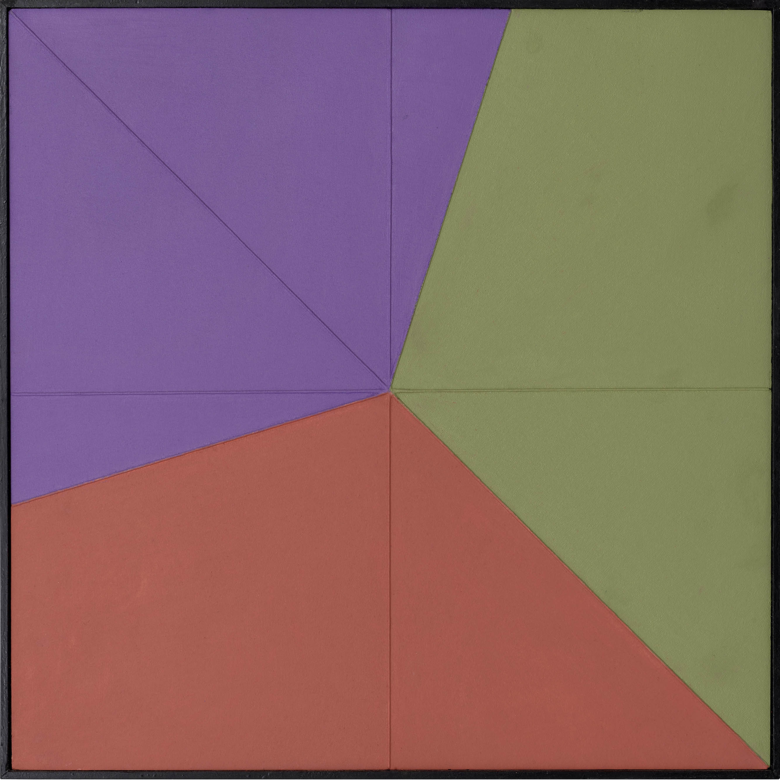 KI generiert: Das Bild zeigt ein abstraktes Kunstwerk, das in mehrere geometrische Segmente unterteilt ist, die in den Farben Lila, Grün und Rot gehalten sind. Die Segmente treffen sich alle an einem zentralen Punkt und bilden ein symmetrisches Muster.