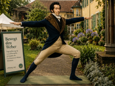 KI generiert: Ein Mann in historischer Kleidung macht eine Yoga-Pose im Freien vor einem alten Gebäude. Ein Schild neben ihm wirbt für Yoga-Übungen im Garten eines Museums.