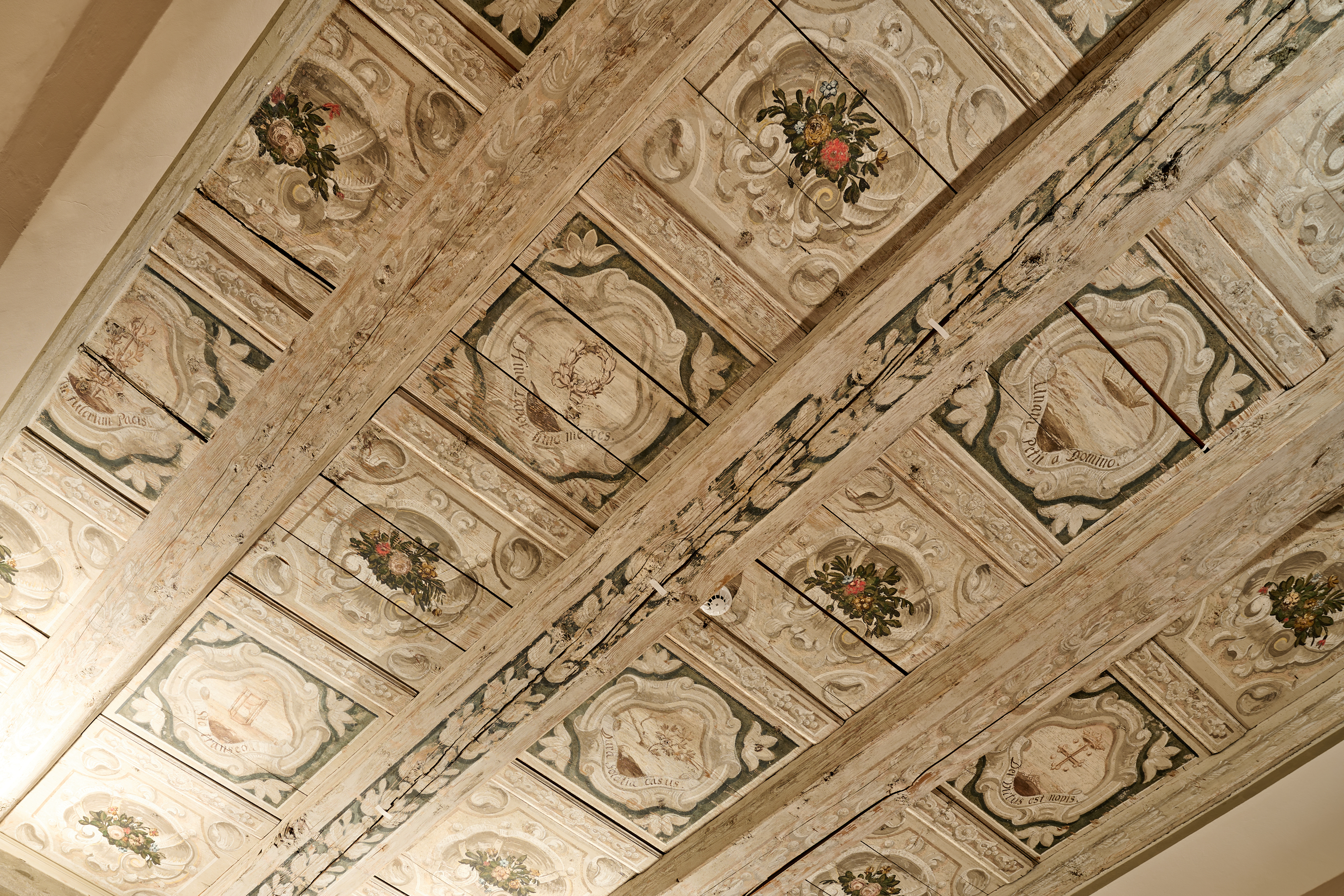 KI generiert: Das Bild zeigt eine kunstvoll bemalte, historische Decke mit detaillierten Mustern und floralen Motiven. Die Decke besteht aus Holzbalken, zwischen denen bemalte Paneele eingefügt sind.