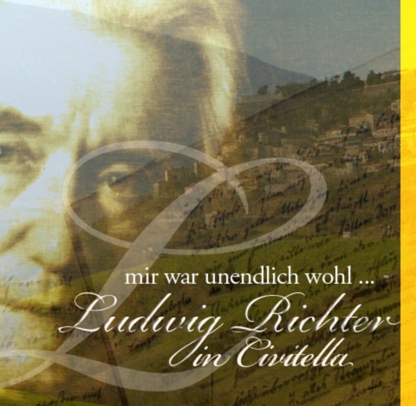 KI generiert: Das Bild zeigt ein Porträt kombiniert mit einem Hintergrund, der eine landschaftliche Szene und handgeschriebene Zeilen darstellt. Der Text "mir war unendlich wohl ... Ludvig Richter in Civitella" ist darübergelegt.