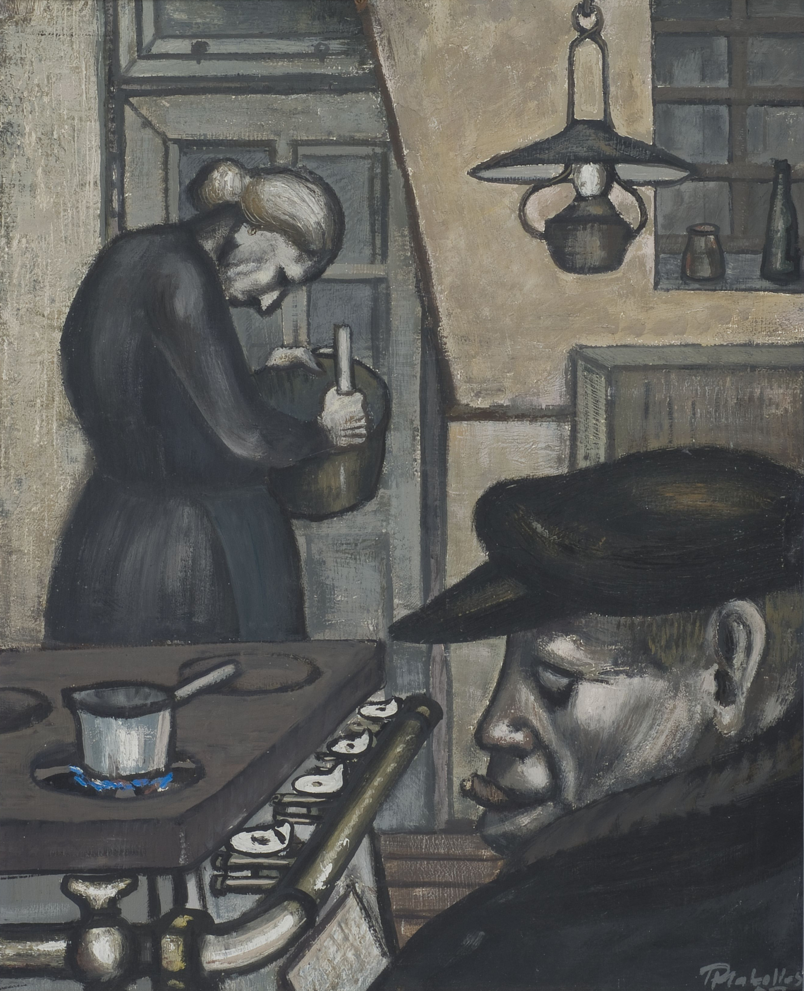 AI generated: The image shows two people in a domestic setting, a woman stirring something in a pot and a man with a hat in the foreground. In the room there is a cooker with a pot on it and various items of furniture that represent a modest kitchen.