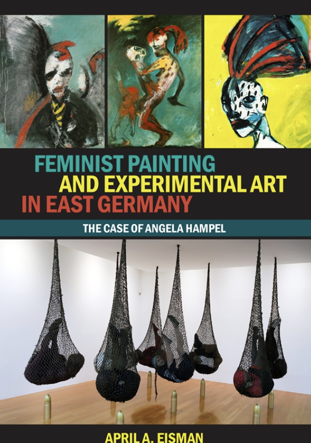 KI generiert: Das Bild zeigt das Cover eines Buches über feministische Malerei und experimentelle Kunst in Ostdeutschland, mit besonderem Fokus auf Angela Hampel. Es enthält künstlerische Darstellungen von Menschen und eine Skulpturinstallation aus hängenden Netzen.