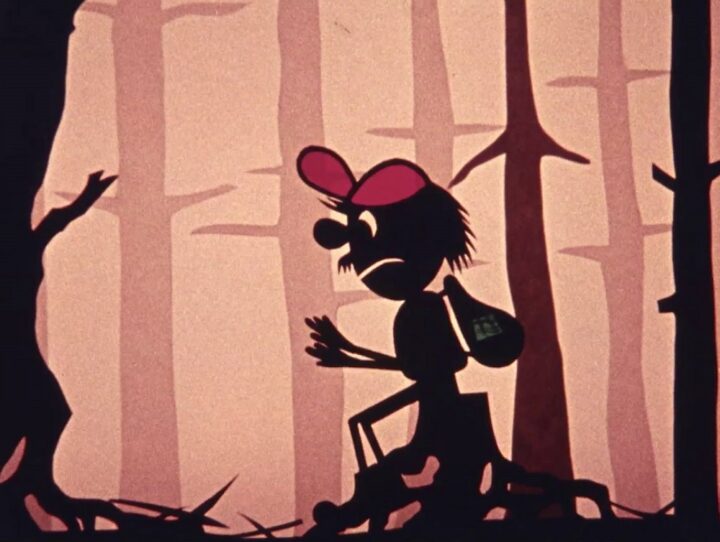 KI generiert: Das Bild zeigt eine stilisierte Zeichentrickfigur mit Basecap und Rucksack, die durch einen Wald läuft. Der Hintergrund ist mit Bäumen dargestellt und die Farbe ist in einem gedämpften Rosa gehalten.