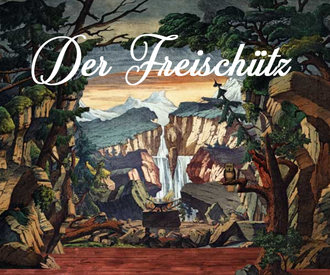 KI generiert: Das Bild zeigt eine malerische Waldlandschaft mit dramatischen Felsformationen und einem Wasserfall im Hintergrund. Der Titel "Der Freischütz" steht prominent im oberen Bereich des Bildes.