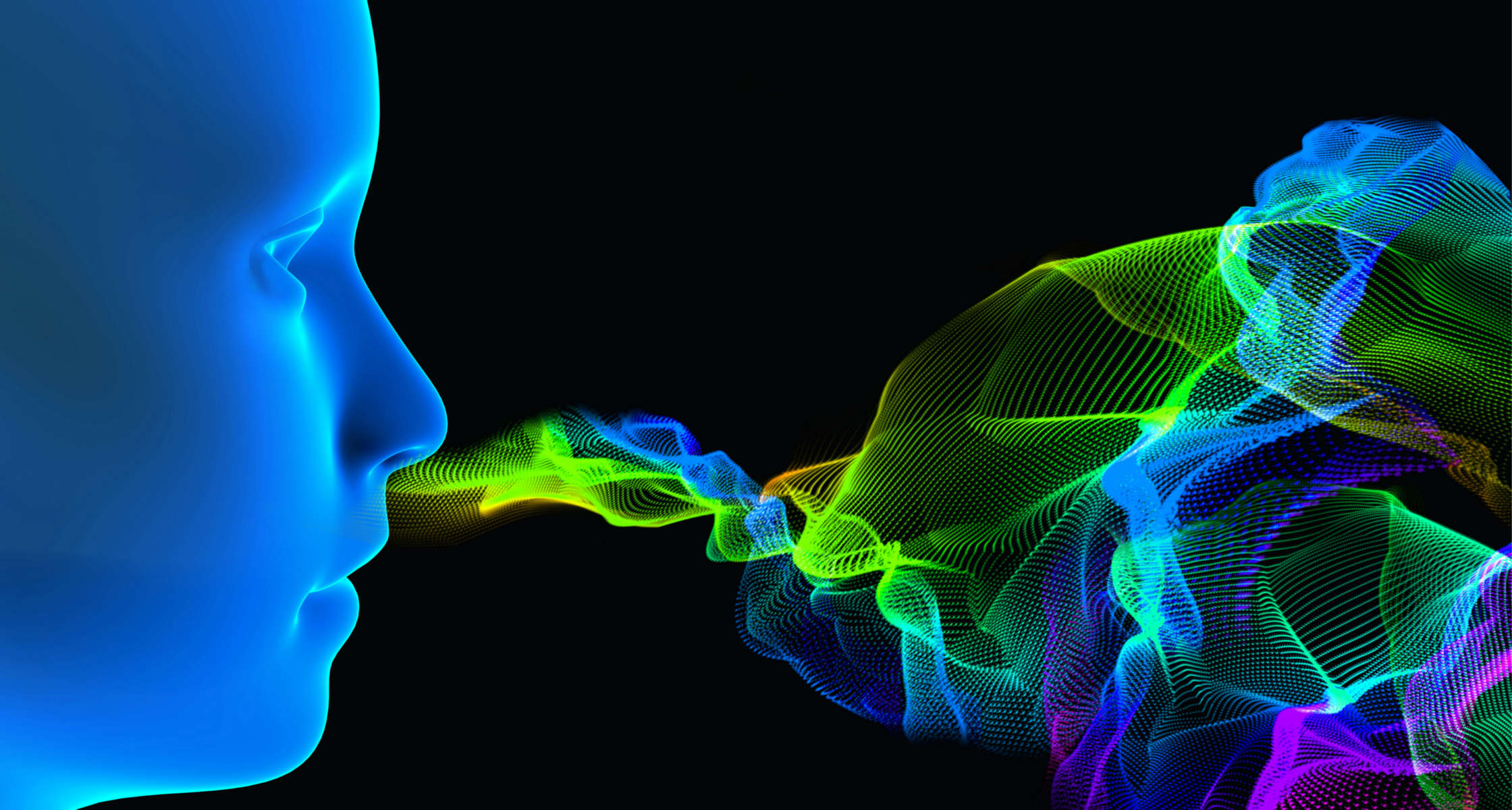 AI generated: The image shows the profile of a blue face against a black background, standing in front of a dynamic, colourful smoke or wave structure. The colours of the waves range from green to yellow to purple and appear to flow out of or towards the face.