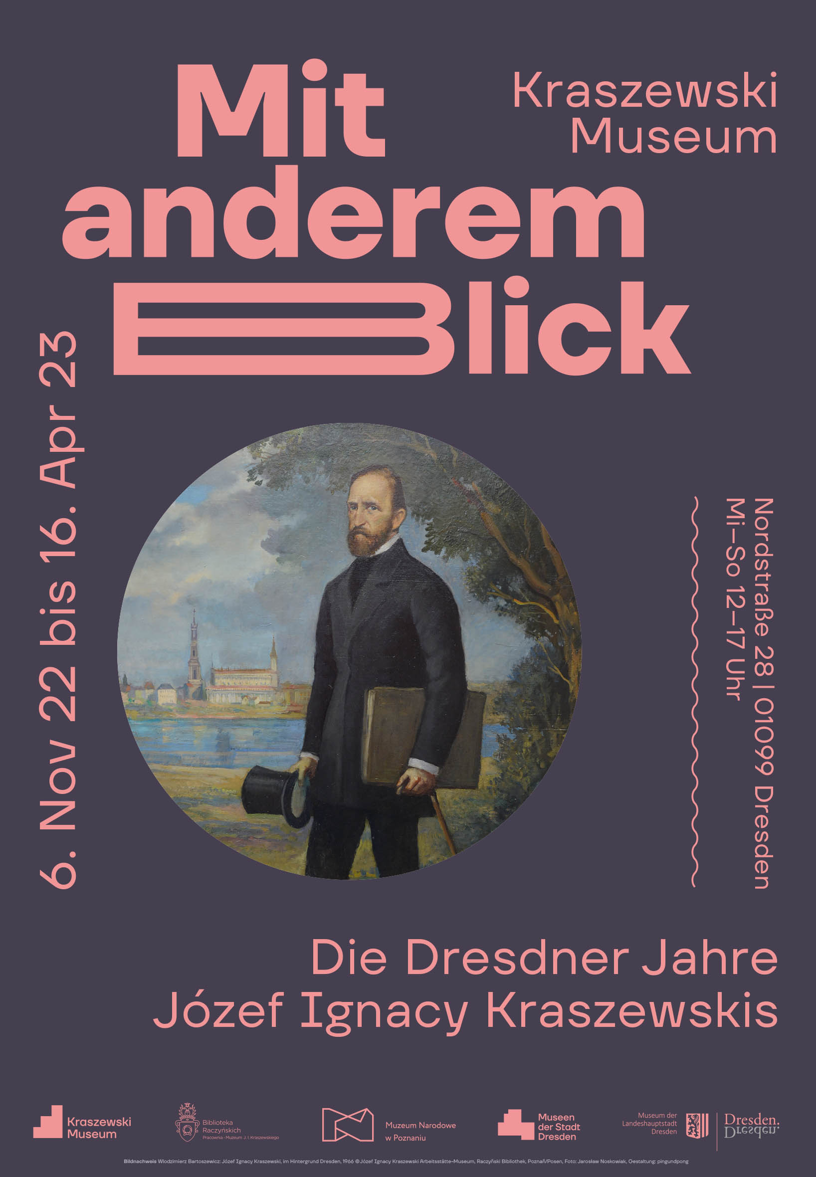 KI generiert: Das Bild ist ein Plakat für eine Ausstellung im Kraszewski-Museum, die vom 6. November 2022 bis 16. April 2023 unter dem Titel "Mit anderem Blick" stattfindet. Der Hauptinhalt des Plakats ist das Gemälde eines Mannes sowie Informationen zur Ausstellung über die Dresdner Jahre von Józef Ignacy Kraszewski.